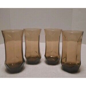 Vintage Smoky Brown Hexagon Tumblers Set of 4 5.5” Drinking Glasses 1970s Retro